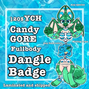 Può includere: Annuncio di commissione di arte digitale. Viene mostrato un personaggio dei cartoni animati verde e turchese con un design a scheletro. Il testo include "Candy GORE Fullbody Dangle Badge" e "Any species, food/colors, complexity, moving arms."
