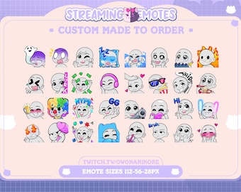 Puede incluir: Una cuadrícula de 24 emoticonos personalizados de Twitch, que presentan diversas expresiones y temas. Los emoticonos son de estilo de dibujos animados con un fondo blanco y detalles coloridos. El texto "STREAMING EMOTES" y "CUSTOM MADE TO ORDER" está en la parte superior de la cuadrícula. El texto "TWITCH.TV/WONANIKORE" y "EMOTE SIZES 112-56-28PX" está en la parte inferior de la cuadrícula.