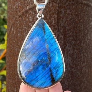 Large Blue Labradorite pendant in 925 Sterling Silver - handmade statement pendant - natural blue gemstone.