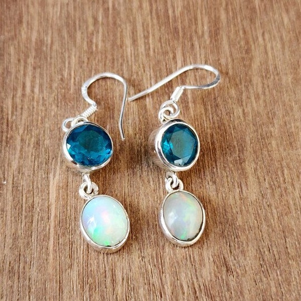 925 Solid Sterling Silver Earring, Yellow Gold Earrings, Drop and Dangle Earrings, Blue Topaz Earrings, Opal Earrings, Two Gemstone Earrings