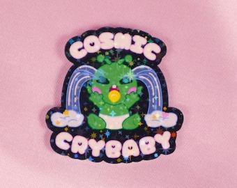 Sparkly Holographic Green Cosmic Cry Baby Sticker  - Cute Phone Sticker Vinyl Sticker Meme Kawaii Sticker - Funny Water Resistant Sticker