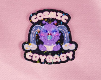 Sparkly Holographic Purple Cosmic Cry Baby Sticker  - Cute Phone Sticker Vinyl Sticker Meme Kawaii Sticker - Funny Water Resistant Sticker
