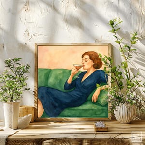 Kobieta popijająca koktajl akwarela – Relaksujący salon Wydruk artystyczny – Kobiecy plakat w stylu vintage glamour – Cyfrowa sztuka ścienna Natychmiastowe pobranie