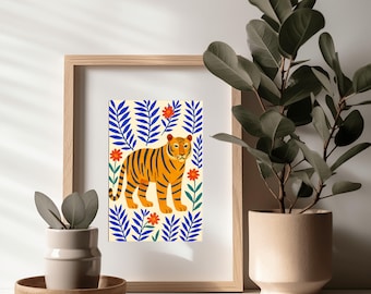 Lámina artística de tigre pintada a mano – Arte folclórico moderno, estilo bohemio para habitación infantil (Descarga digital)
