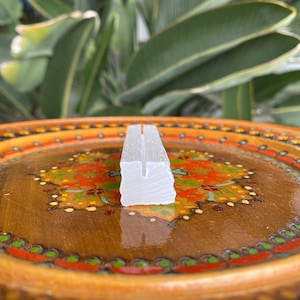 May include: A white plastic divider with a U-shaped opening. The divider is sitting on a wooden plate with a colorful floral design.