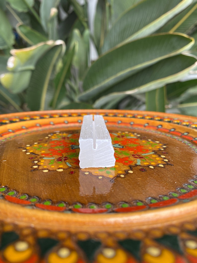 May include: A white plastic divider with a U-shaped opening. The divider is sitting on a wooden plate with a colorful floral design.