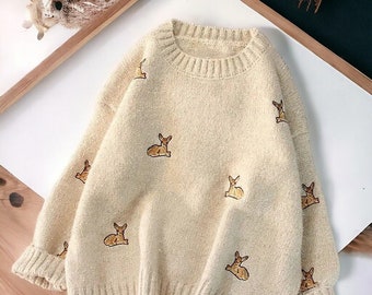 Adorable Embroidered Deer Jumper - Cozy Winter Wear - Casual Oversized Knit - Cute Animal Motif Sweater - Fashion Pullover for Her