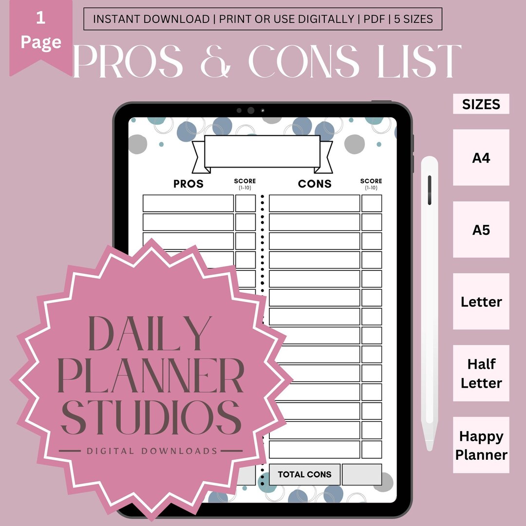 Digital Pros and Cons List for Planner, Decision Tool for Bullet