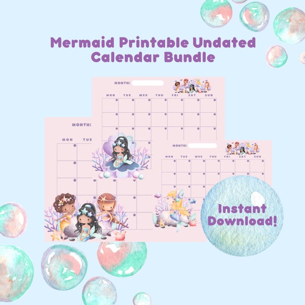 mermaid cute printable undated calendar | cute animal calendar | kawaii printable calendar | cute mermaid calendar | calendar printable