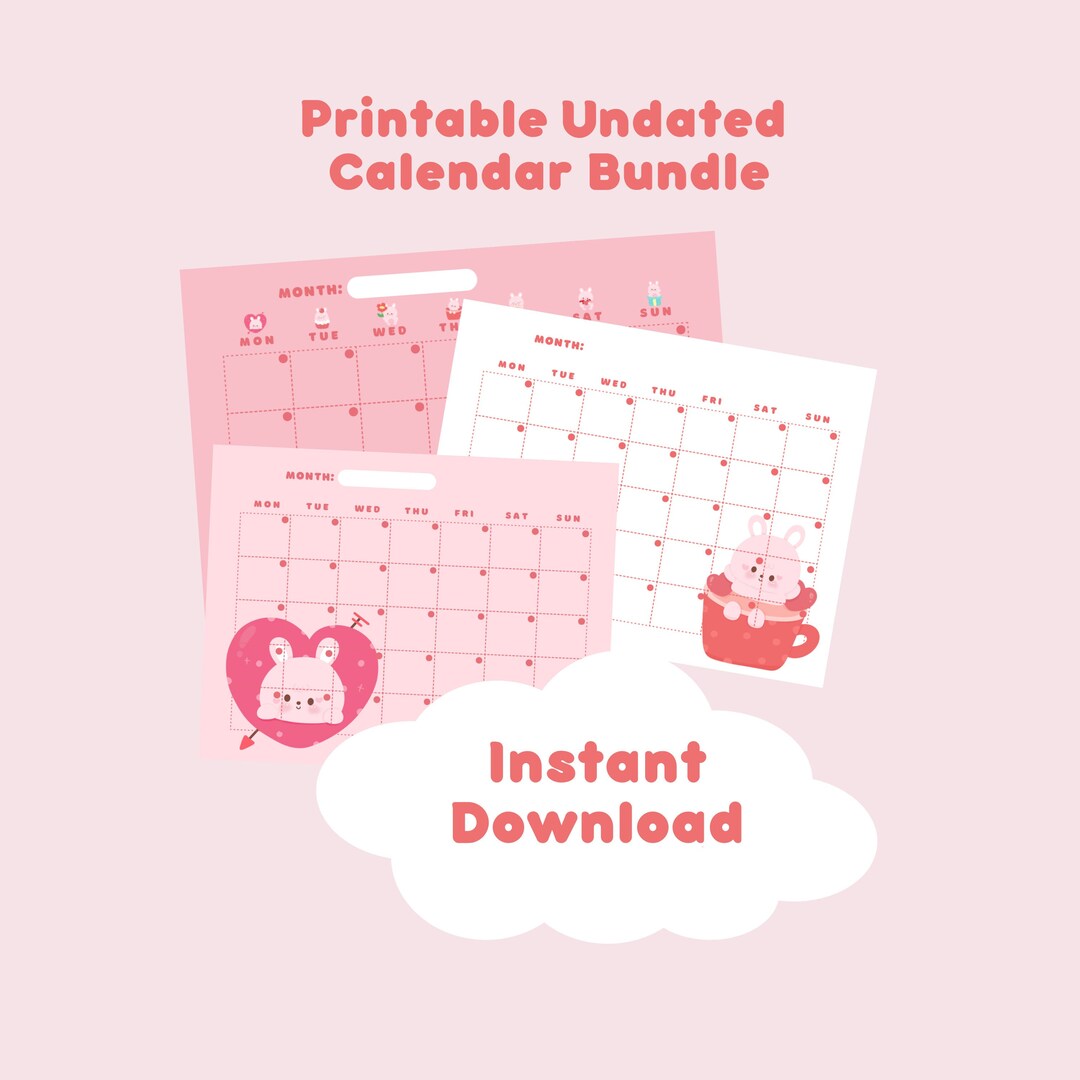 Cute Printable Calendar, Cute Pink Calendar, Kawaii Printable Calendar, Bunny Calendar, Calendar