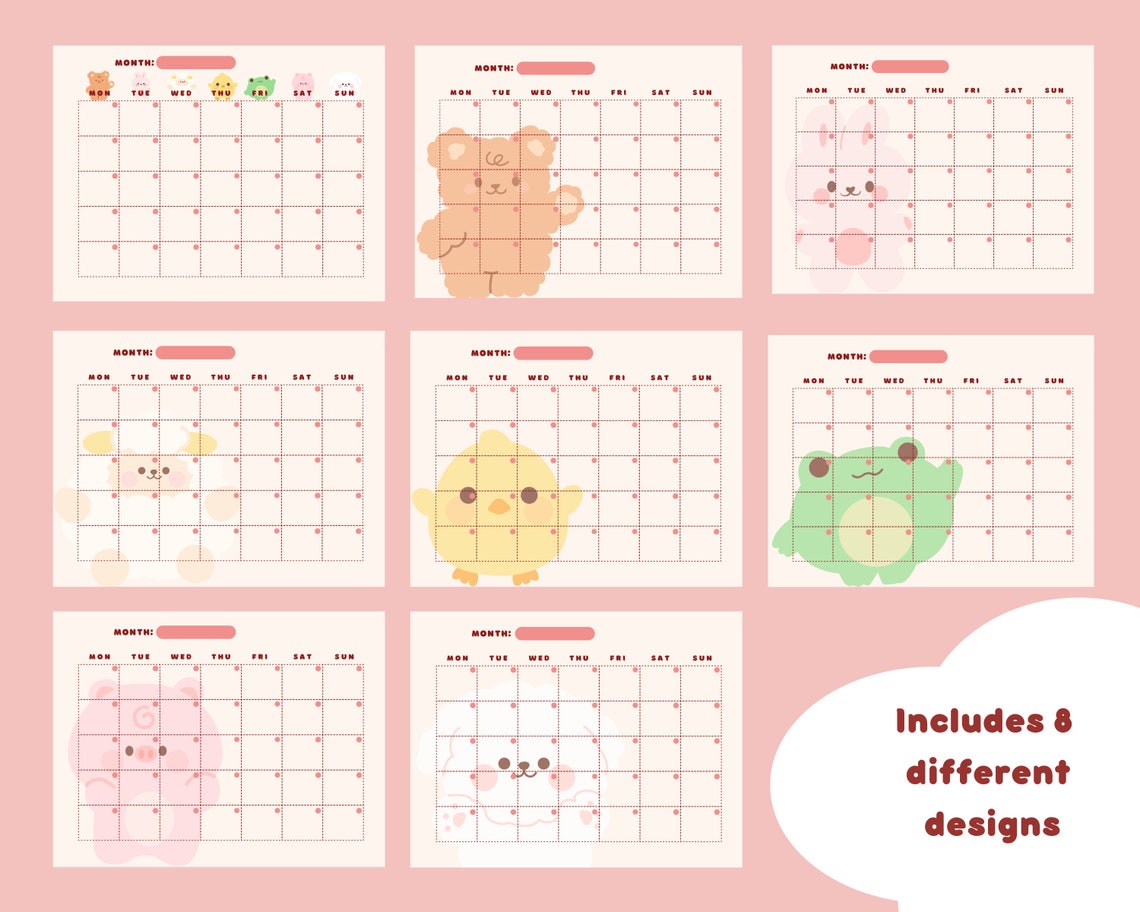 Cute Printable Undated Calendar Cute Animal Calendar - Etsy