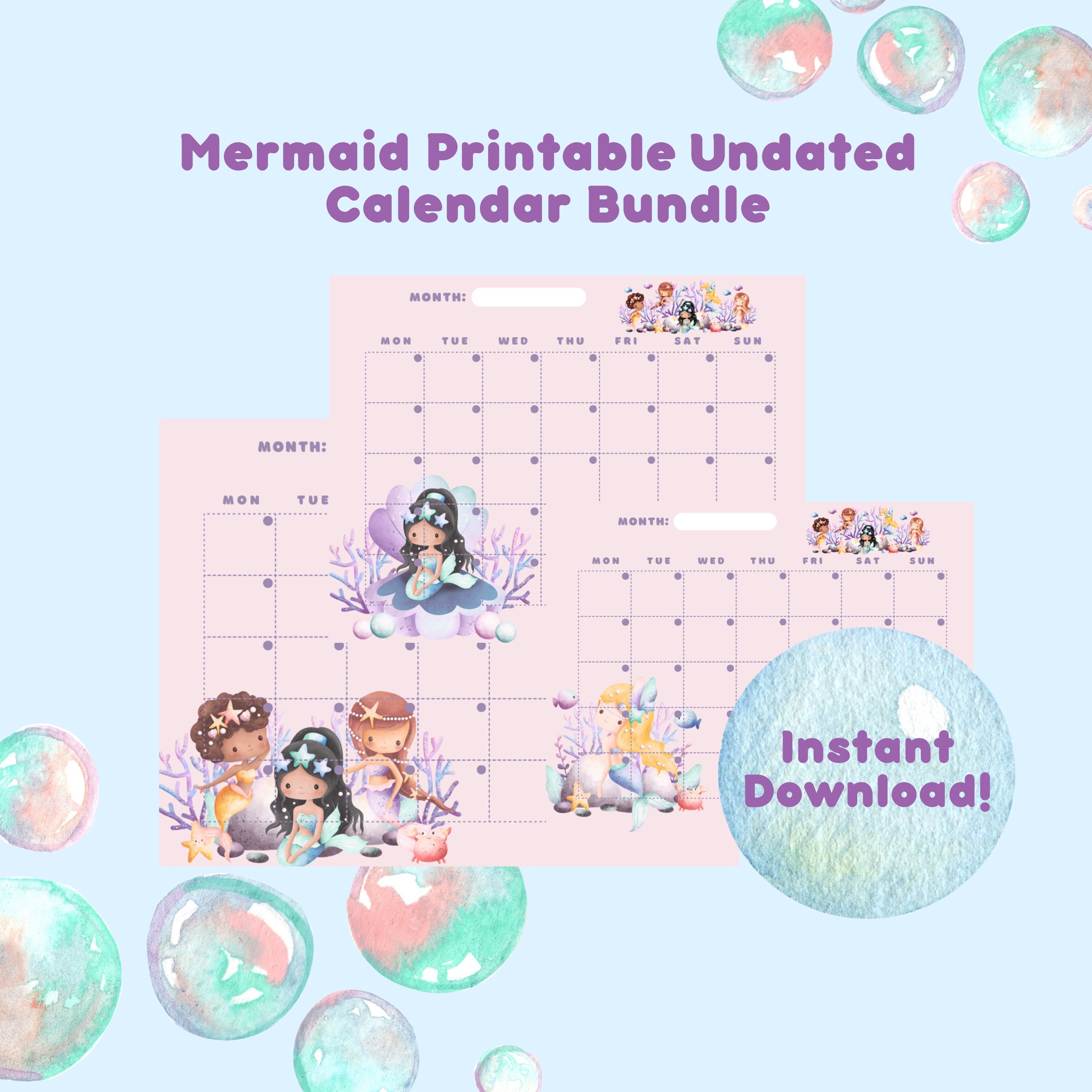 Mermaid Cute Printable Undated Calendar Cute Animal Calendar Kawaii