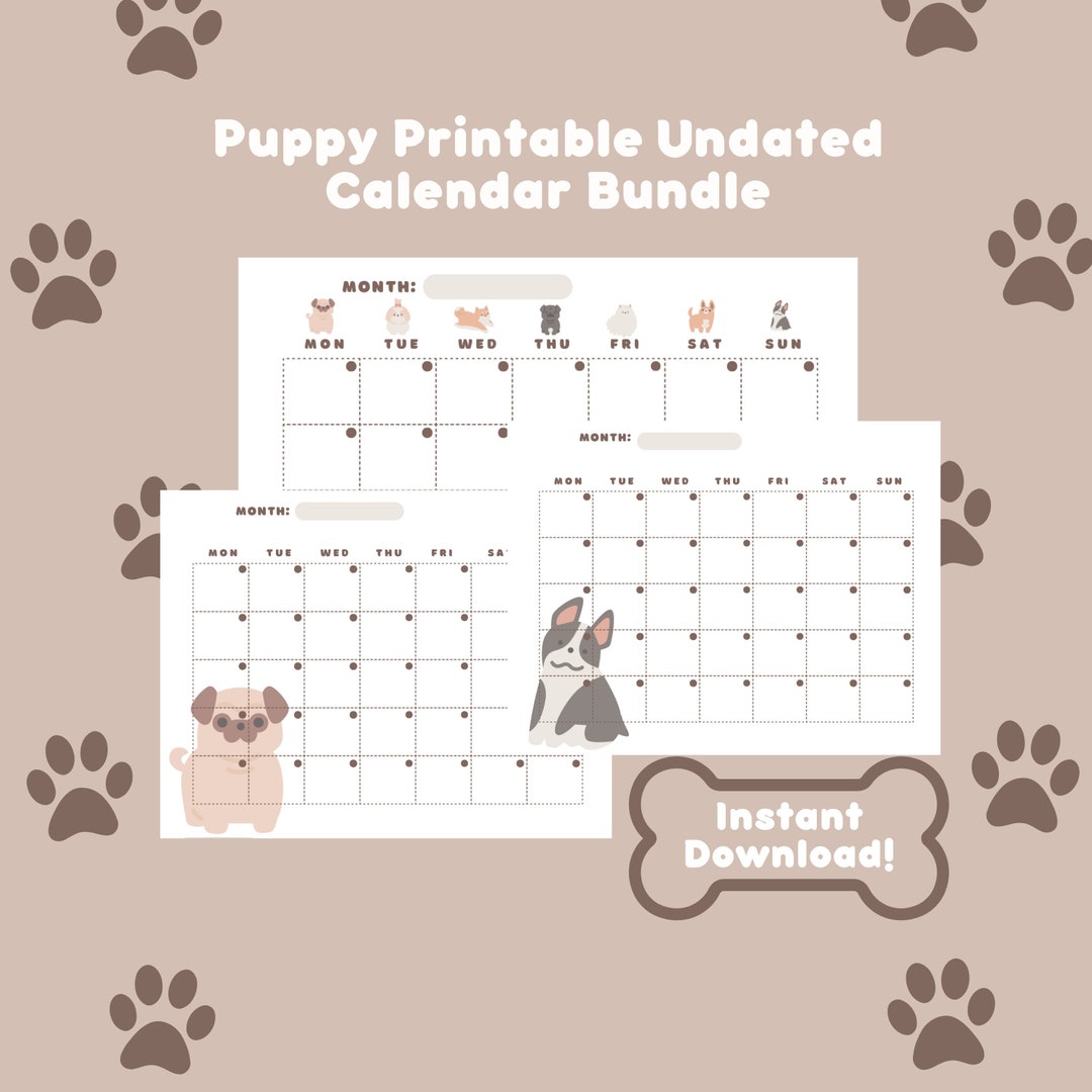 Cute Printable Calendar, Cute Puppy Calendar, Pet Printable Calendar