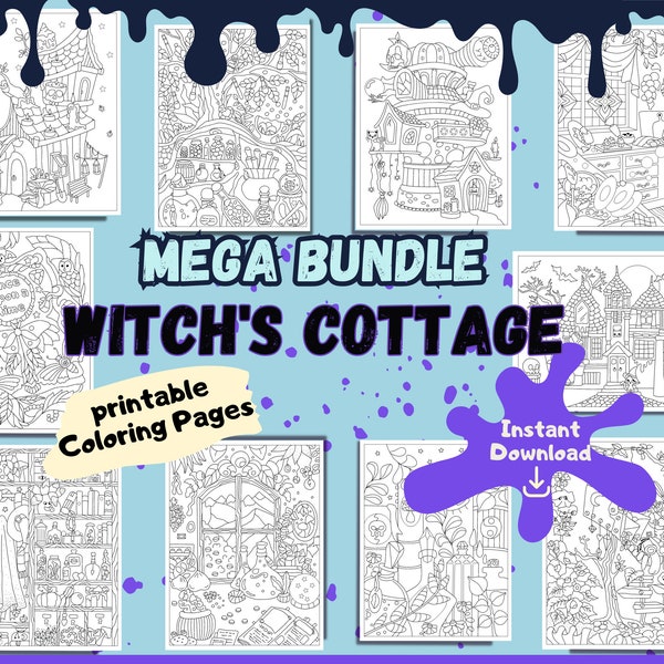 Printable Magical Witch's Cottage Mega Bundle - 10 Cozy Coloring Pages - Instant Download PDF/PNG