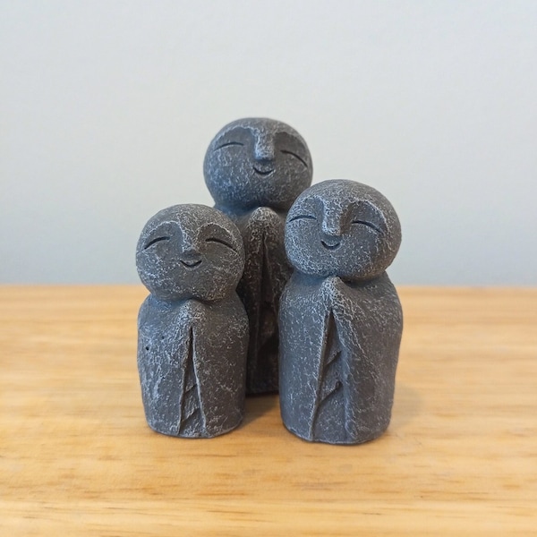 Miniature Stone Jizo Statue - Japanese Jizo Statue - Three Laughing Monk Statue - Concrete Little Happy Monk Statue - Gifts for Zen Lovers