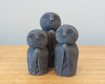 Miniature Stone Jizo Statue - Japanese Jizo Statue - Three Laughing Monk Statue - Concrete Little Happy Monk Statue - Gifts for Zen Lovers