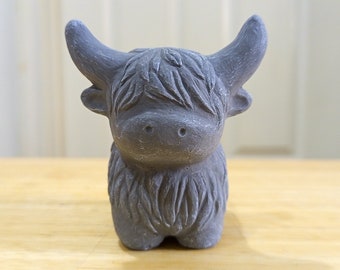Handmade Concrete Highland Cow Statue: Miniature Garden Ornament