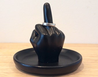 Black Cement Middle Finger Ring Holder: Unique Jewelry Dish