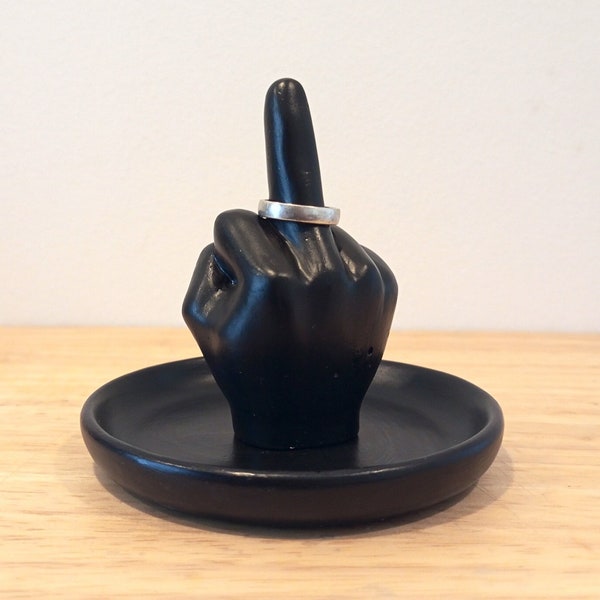Black Middle Finger Ring Holder - Finger Ring Stand - Engagement - Wedding Ring Holder Dish - Hand Shaped - Unique Men Women Ring Dish