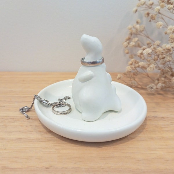 Dinosaur Ring Holder for Jewelry, Jewelry Dish With Ring Holder, Concrete Animal Ring Holder, Chubby Cute T-Rex, Godzilla Ring Holder, White