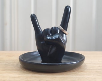 Black Devil Horns Hand Shaped Ring Holder, Hook ‘Em Horns Ring Holder, Rock on Hand Sign Ring Holder Dish, Rock N Roll Wedding Gift