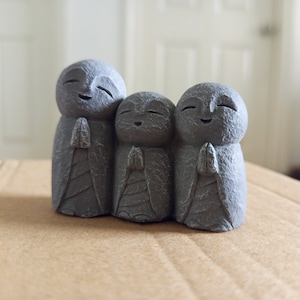 Miniature Stone Jizo Statue - Japanese Jizo Statue - Three Laughing Monk Statue - Concrete Buddha Monk Statue - Gift for New Mom