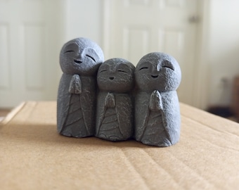 Miniature Stone Jizo Statue - Japanese Jizo Statue - Three Laughing Monk Statue - Concrete Buddha Monk Statue - Gift for New Mom