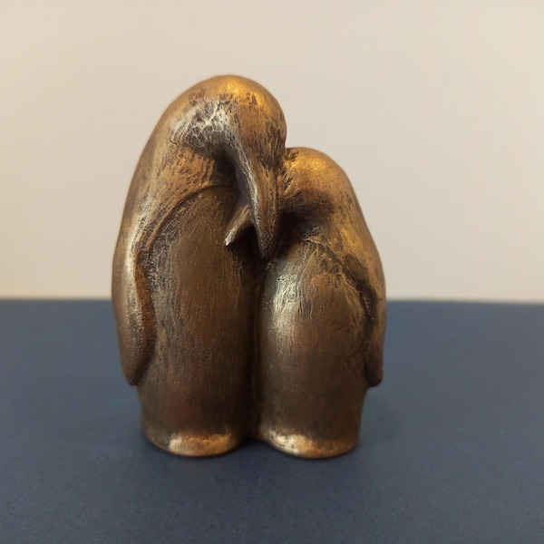 Penguin Couple Statue Bronze Finish | Anniversary Gift | Modern Minimalist Decor for Shelf or Desk - Animal Lover Gift