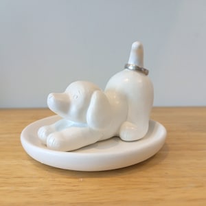 Stretching Puppy Ring Holder: White Cement Dog Sculpture