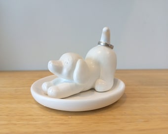 Stretching Puppy Ring Holder: White Cement Dog Sculpture
