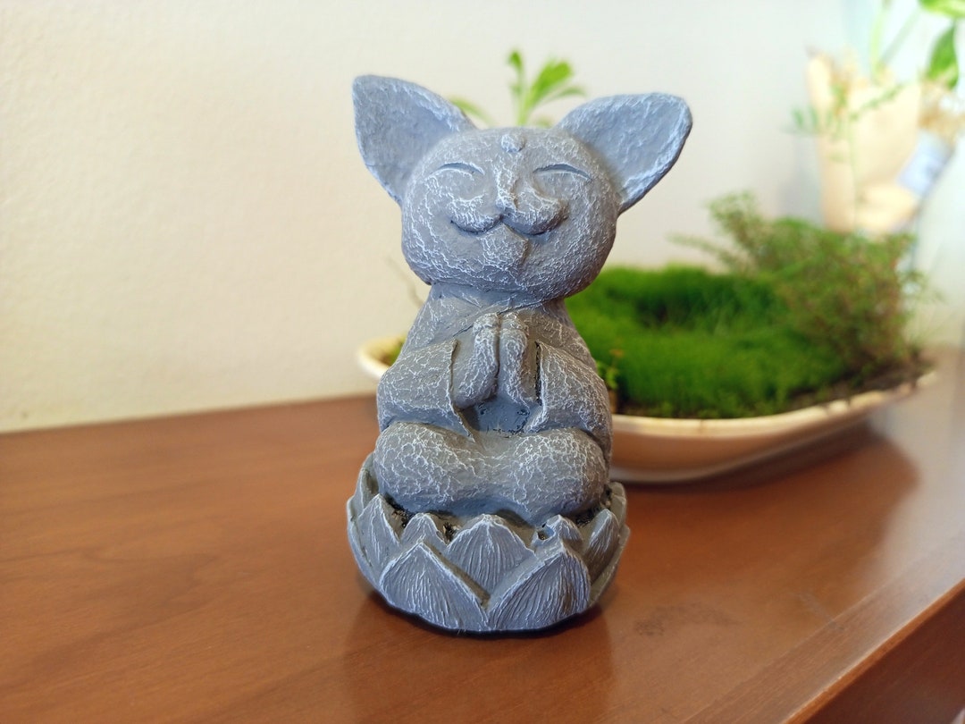 Yoga Cat Statue, Meditating Japanese Jizo Cat Monk on Lotus Concrete