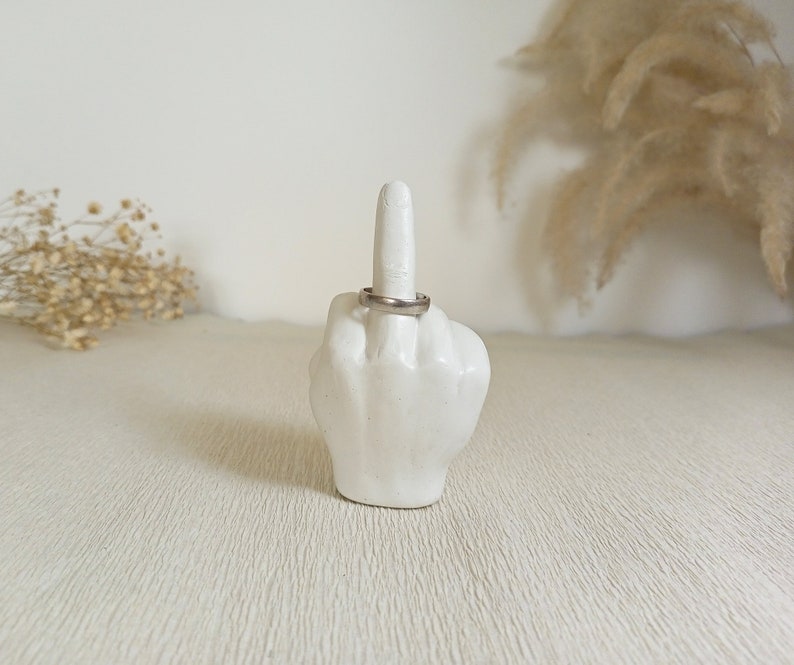 white Concrete Middle Finger Ring Holder and Trinket Dish