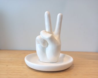 Concrete Peace Sign Ring Holder: Hand Gesture Jewelry Dish