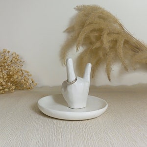 The Devil Horns ring holder and trinket dish made from concrete, color white