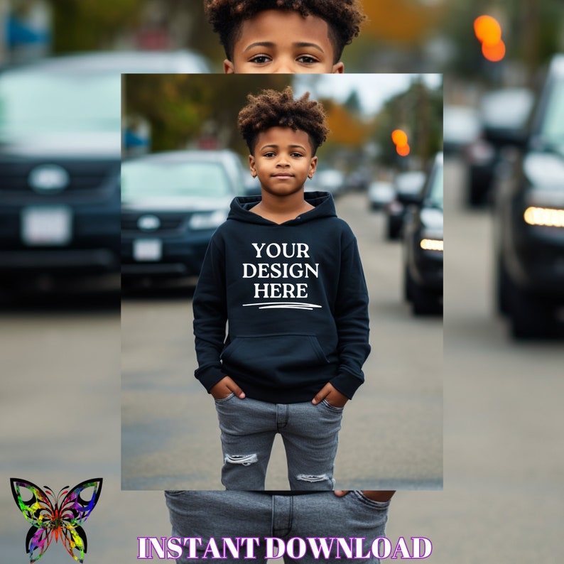 maqueta de niño, maqueta de sudadera con capucha negra gildan, maqueta de fotografía, maqueta de sudadera con capucha negra, maqueta de niño joven, imagen 3