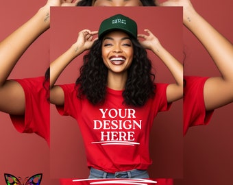 maqueta de modelo negro, maqueta de camisa roja gildan, maqueta de camisa roja, maqueta de modelo de camiseta, maqueta de mujer negra, maqueta de modelo de mujer