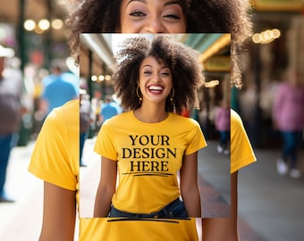 maqueta de camisa amarilla, maqueta de mujer, maqueta de camiseta amarilla, descarga digital, maqueta de dama