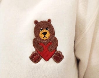 Embroidered Bear Hoodie: Heart Design Cotton Pullover
