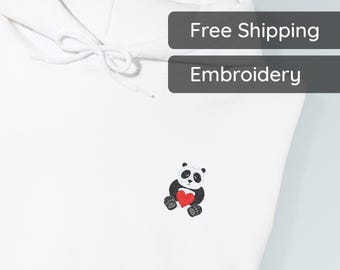 Embroidered Panda Hoodie, Valentine Heart Design, Couples Gift