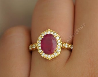 Art Deco Ruby Ring, Oval cut Ruby Engagement Ring, July Birthstone, Vintage Ruby Ring, Anniversary Ring, Red Gemstone Ring