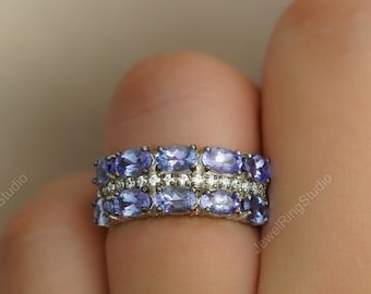 Tanzanietband, halve ring, tanzaniet sterlingzilveren ring, verlovingsband, trouwring, blauwe edelsteenring
