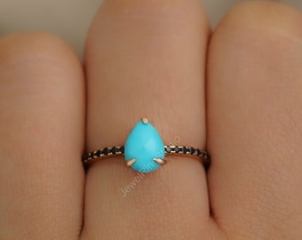Anillo de turquesa La Bella Durmiente, Anillo de turquesa y plata de ley, Turquesa con espinela negra, Anillo de aniversario, Anillo de turquesa en forma de pera