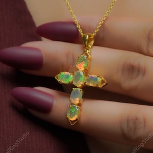 Ethiopian Opal Cross Necklace / Silver Cross Necklace / Opal Cross Pendant / Religious Cross Pendant / Opal Pendant for Women / Gift for Mom