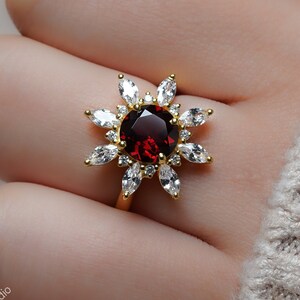 Vintage Style Engagement Ring | Red Garnet Ring | Red garnet halo Ring |Gift for Her | Garnet Ring | Round Cut Ring | Red Gemstone Ring
