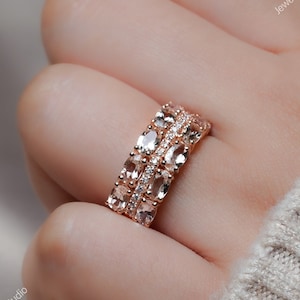 Morganite Band, Engagement Band, Morganite Sterling Silver Ring, Oval Gemstone Band, Wedding Band, Half Eternity Band