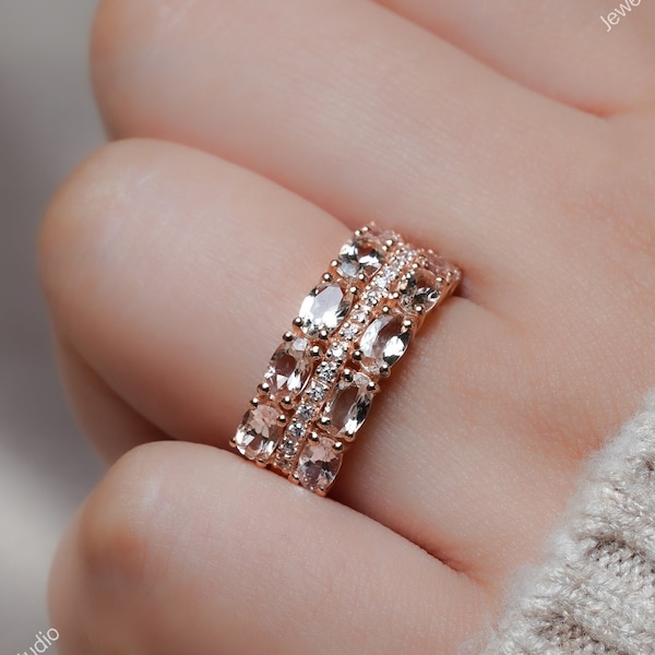 Morganietband, verlovingsband, Morganite sterlingzilveren ring, ovale edelsteenband, trouwring, halve eeuwigheidsband