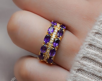 African Amethyst Band, Amethyst Engagement Band, Half Band Ring, Amethyst Band, Wedding band, Amethyst with Diamond Ring
