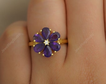 Anillo de amatista africana, anillo de amatista en plata de ley, anillo floral, piedra natal de febrero, anillo de gema púrpura, regalo para ella.
