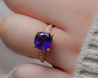 Anillo de amatista africana, anillo de amatista en plata de ley, regalo para ella, anillo de amatista con forma de cojín, anillo de compromiso, piedra de nacimiento de febrero