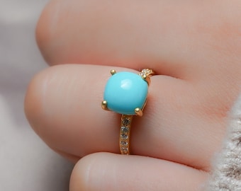 Anillo de turquesa vintage, anillo de compromiso único, anillo de plata de ley con turquesa, anillo de turquesa con forma de cojín, anillo de piedra preciosa azul, anillo de aniversario